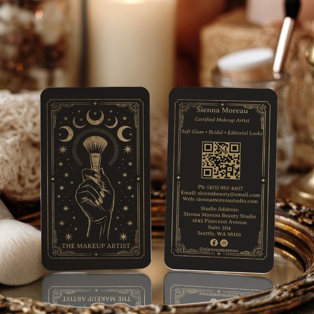Cartão De Visita Gold Retro Celestial Tarot Makeup QR Code (Gold Retro Celestial Tarot Makeup QR Code Business Card)