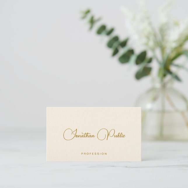 Cartão De Visita Gold Text Handwritten Name Luxury Signature Cream (Em pé/Frente)