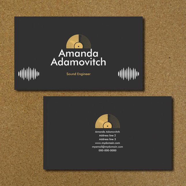 Cartão De Visita Gold Vinyl Record & Sound Waves (Gold Vinyl Record & Sound Waves Business Card)