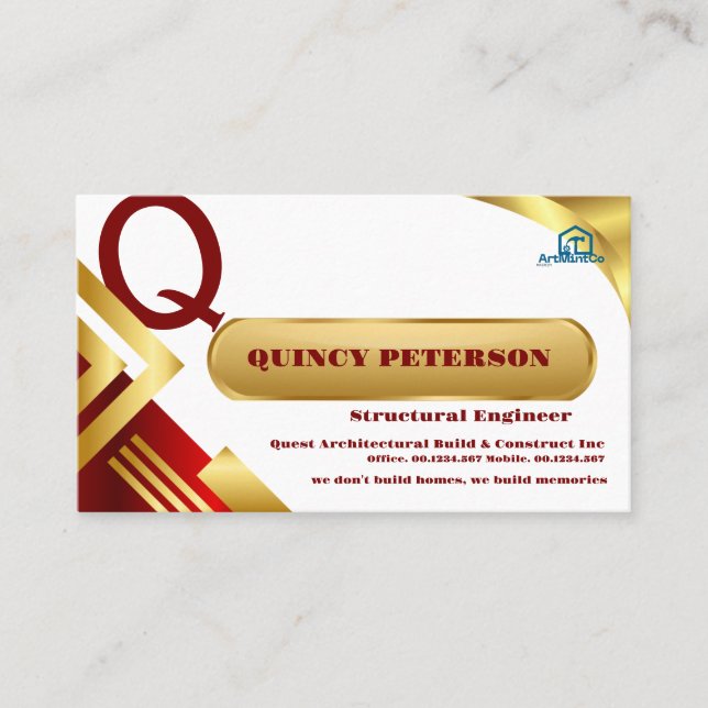 Cartão De Visita Golden & Red Layers Monogram Initial Founder CEO (Frente)