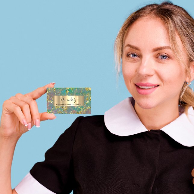 Cartão De Visita Golden Strokes Beauty Shop Marble Teal Green (Criador carregado)