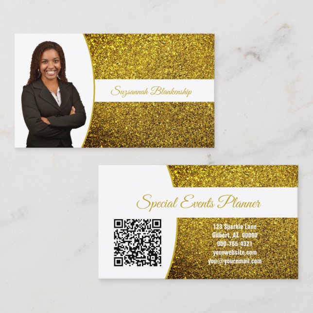 Cartão De Visita Golden Yellow Faux Glitter Professional Photo QR (Frente/Verso)