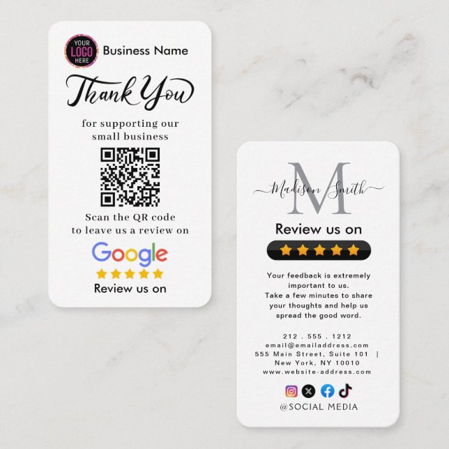 Cartão De Visita Google Reviews With Thank You And QR Code (Frente/Verso)