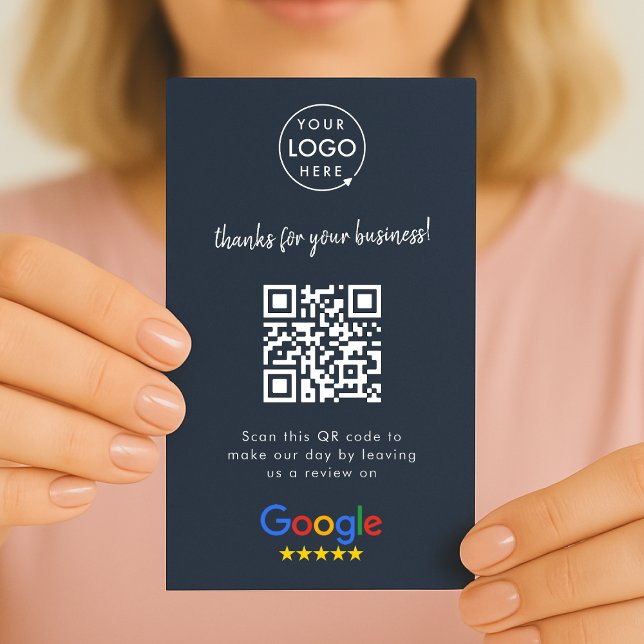 Cartão De Visita Google Revise nos Negócios Obrigado Marinho de Cód (Google Review interactive QR code business card branded with your company logo.)