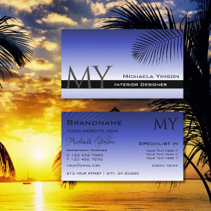 Cartão De Visita Gradiente Azul Elegante e Folha de Palma com Monog