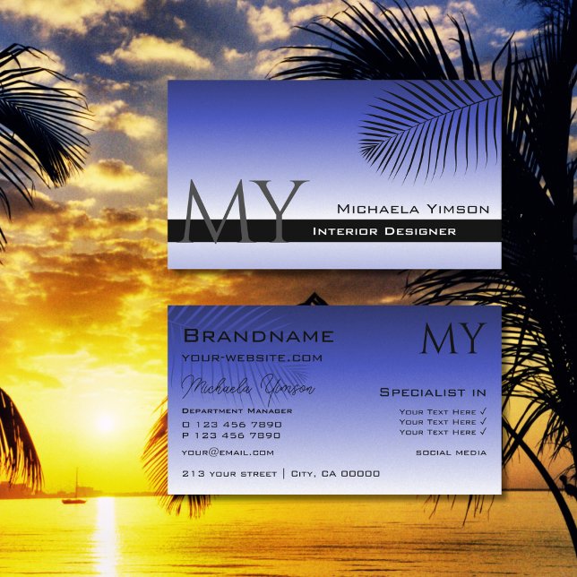 Cartão De Visita Gradiente Azul Elegante e Folha de Palma com Monog (Criador carregado)