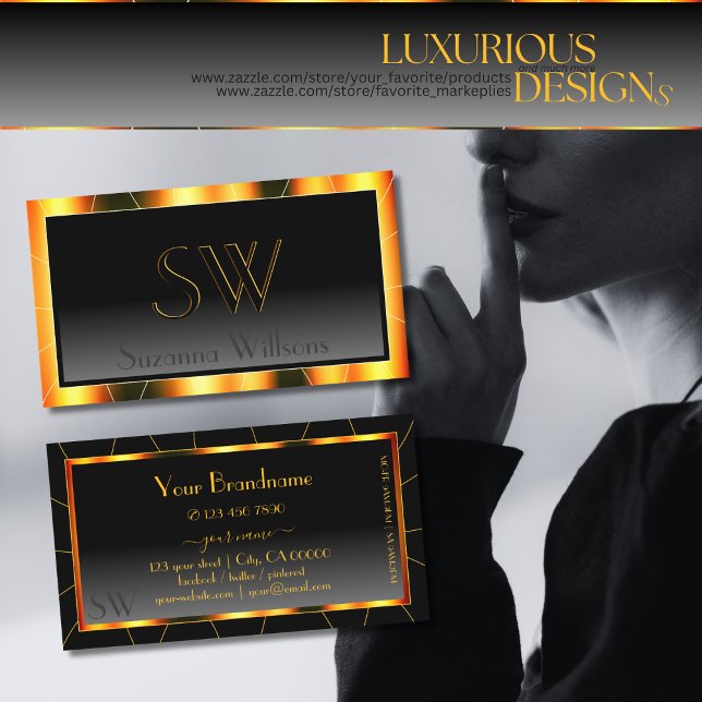 Cartão De Visita Gradiente Preto de Quadro Laranja Casual com Monog (Criador carregado)