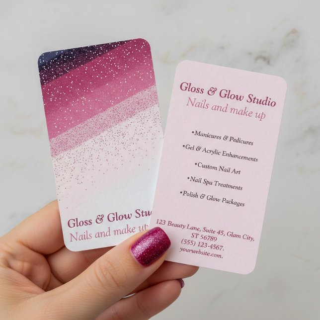 Cartão De Visita Gradiente rosa-claro, salão-unha elegante (Pink glitter gradient Elegant nail salon beauty Business Card.)