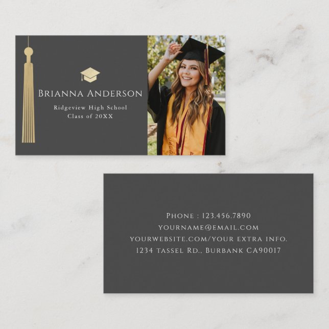 Cartão De Visita Graduação de Fotografias Douradas de Tassel e Cinz (Frente/Verso)