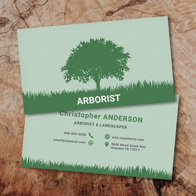 Cartão De Visita Grama, Silhueta de Árvore - Arborista e Landscaper (Grass, Tree Silhouette - Arborist & Landscaper Business Card)