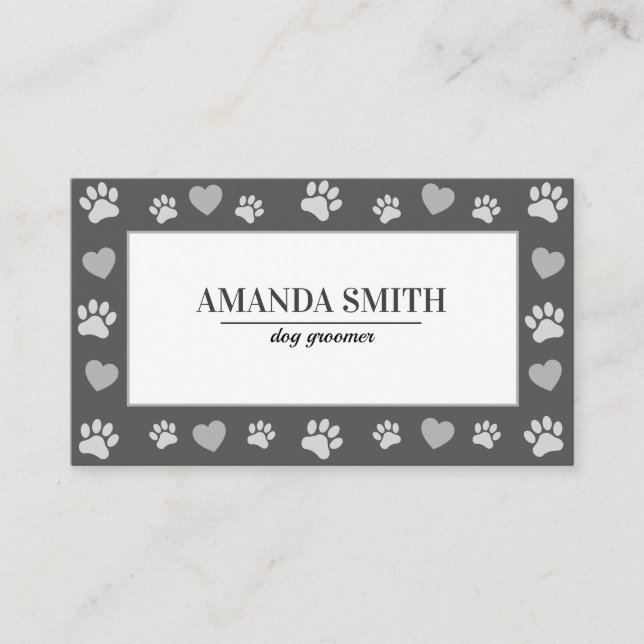 Cartão De Visita Gray Paw Prints Dog Groomer Business Card (Frente)