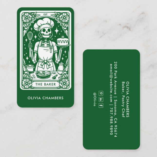 Cartão De Visita Green Baker Tarot Skeleton Chef (Frente/Verso)