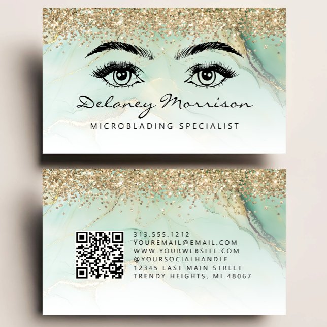 Cartão De Visita Green Gold Marble Eyes QR Code Microblading (Criador carregado)