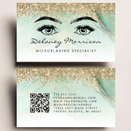 Cartão De Visita Green Gold Marble Eyes QR Code Microblading