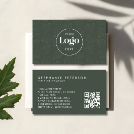 Cartão De Visita Green Minimalist Botanical Custom Logo QR Code