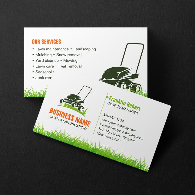Cartão De Visita Green Orange Lawncare Landscaping Mow (Criador carregado)