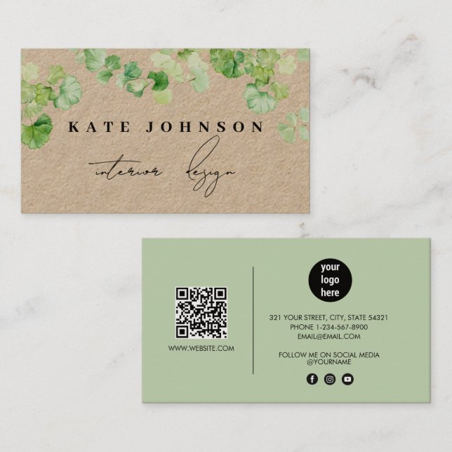 Cartão De Visita Greenerescência Script QR Code Rustic Kraft (Frente/Verso)
