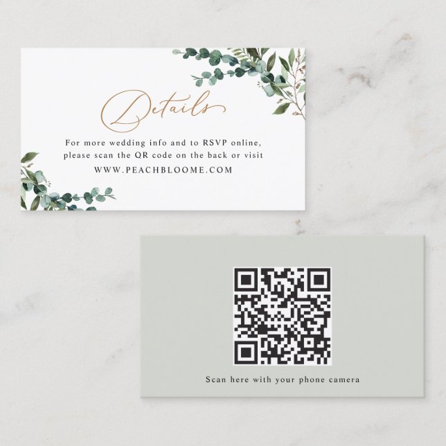 Cartão De Visita Greenery Gold QR Code Wedding Enclosure Card (Frente/Verso)