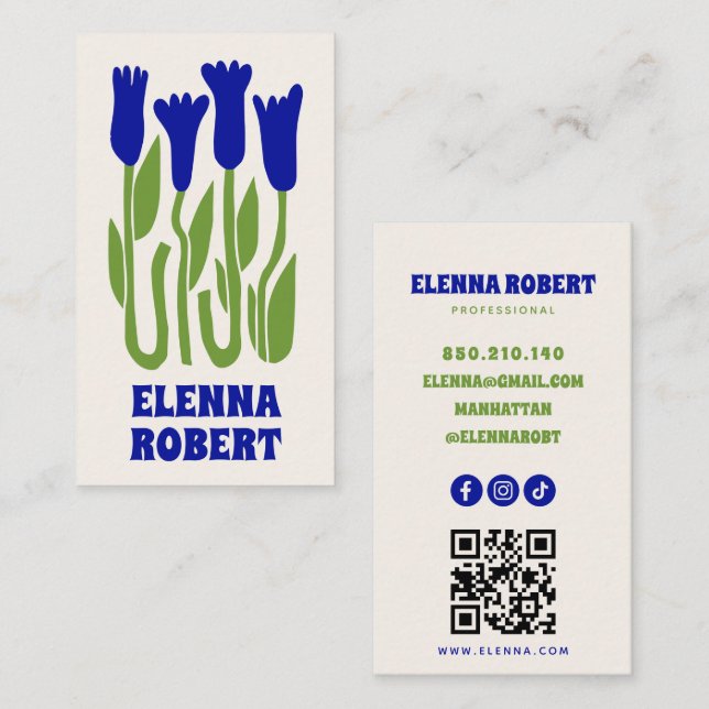 Cartão De Visita groovy boho flowers script business card (Frente/Verso)
