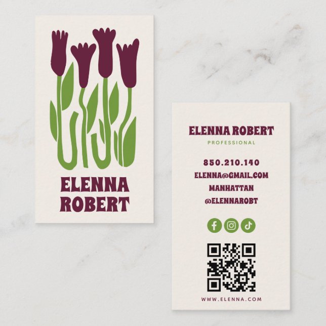 Cartão De Visita groovy boho flowers script business card (Frente/Verso)