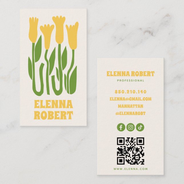 Cartão De Visita groovy boho flowers script business card (Frente/Verso)