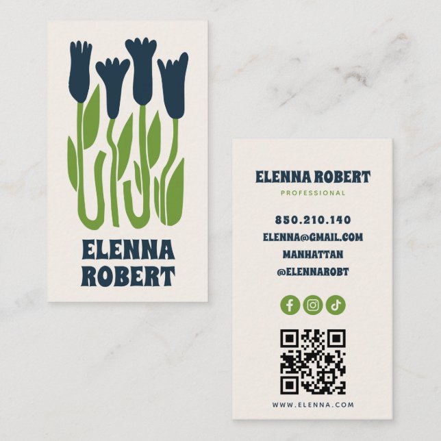 Cartão De Visita groovy boho flowers script business card (Frente/Verso)