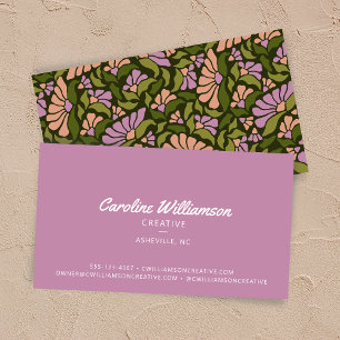 Cartão De Visita Groovy Retro Boho Roxo Verde Botânico Moderno