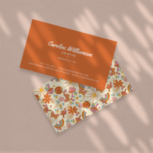 Cartão De Visita Groovy Retro Laranja Hippie Paz Flores Na Moda