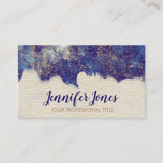 Cartão De Visita Grunge azul escuro da aguarela e do ouro (Frente)