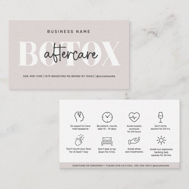 Cartão De Visita Guia de Cuidados Pós-Botox Moderno Soft Taupe (Frente/Verso)