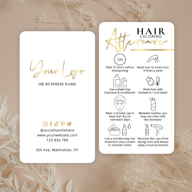 Cartão De Visita Guia do Cabelo de Pós-Tratamento Falso Dourado Hai (Hair color aftercare cards in white and faux gold with hair care icons and space for your logo)