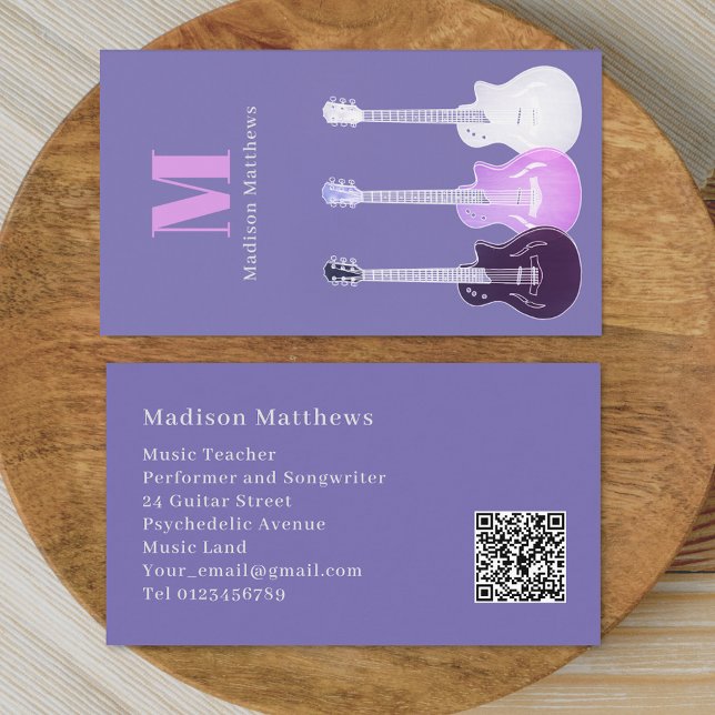 Cartão De Visita Guitar Music Teacher Custom QR Code Purple (Modern Guitar teacher music tutor musician performer Pink purple Business card)