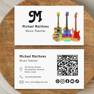 Cartão De Visita Guitar Music Teacher QR code Social Media Custom