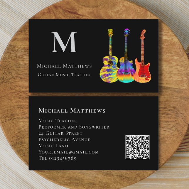 Cartão De Visita Guitar Música Ensina Código QR Personalizado (Stylish guitar music teacher qr code custom business card)