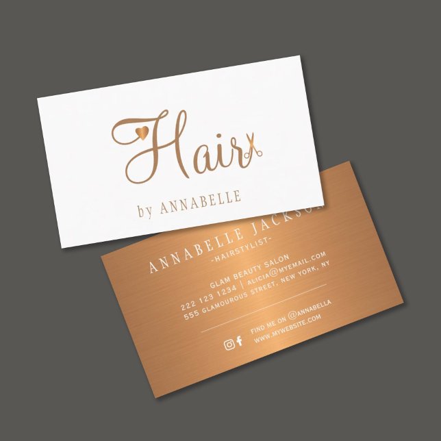 Cartão De Visita Hair salon glam branco de ouro, cabeleireiro metál (Criador carregado)