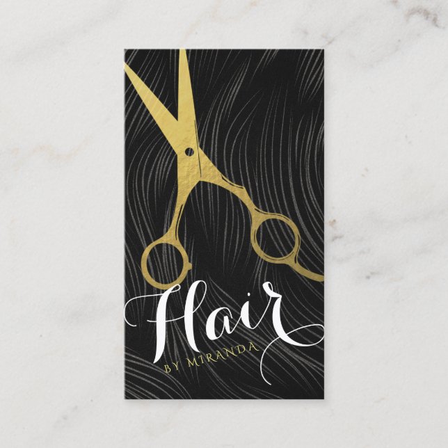 Cartão De Visita Hair Salon Hairstylist Tesoura Dourada Preta Moder (Frente)