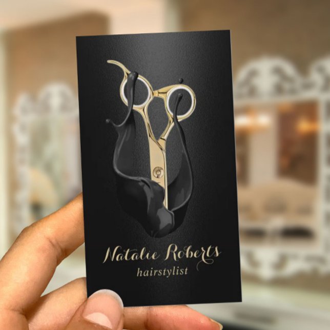 Cartão De Visita Hair Salon Modern Black Scissor Hair Stylist (Criador carregado)