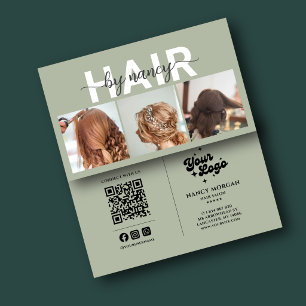 Cartão De Visita Hair Stylist 3 Foto Código QR Logo Verde Sage 