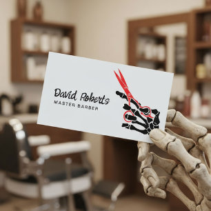 Cartão De Visita Hair Stylist Barber Skeleton Mão e Tesoura Vermelh