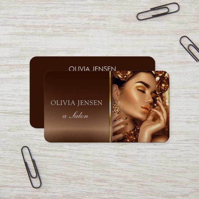 Cartão De Visita Hair Stylist BeauGirl Foto Brown & Dourado Salon (Frente/Verso In Situ)
