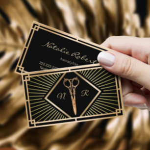 Cartão De Visita Hair Stylist Black & Dourado Art Deco Beaut Salon