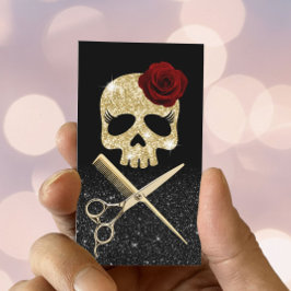 Cartão De Visita Hair Stylist Black & Dourado Skull Beauty Salon
