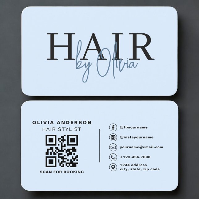 Cartão De Visita Hair Stylist Blue QR Code Professional (Criador carregado)