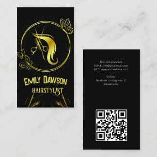 Cartão De Visita Hair Stylist Cute Scissor & Butterflies QR Code Bu