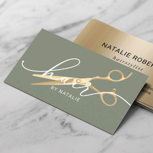Cartão De Visita Hair Stylist Dourada Tesoura Sage Green Beauon