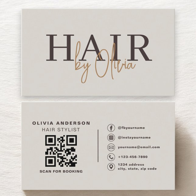 Cartão De Visita Hair Stylist Earthy Neutral QR Code  (Criador carregado)