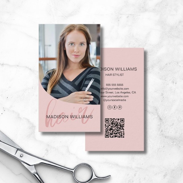 Cartão De Visita Hair Stylist Foto Salon QR Rosa (Hair Stylist Salon Photo QR Pink Business Card)
