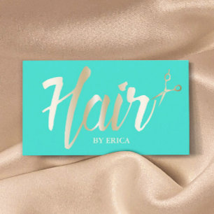 Cartão De Visita Hair Stylist Gold Script Modern Turquoise