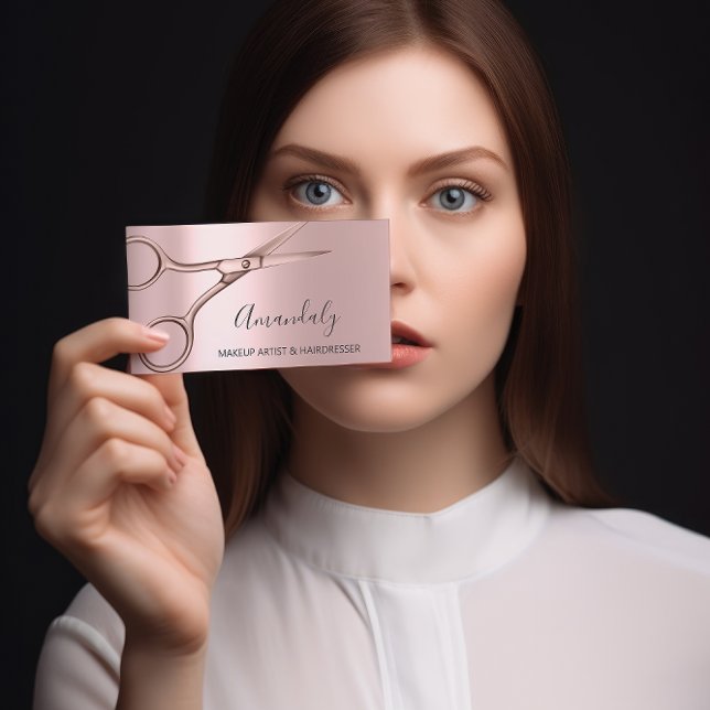 Cartão De Visita Hair Stylist Hairdresser Rosa moderna tesoura (Criador carregado)