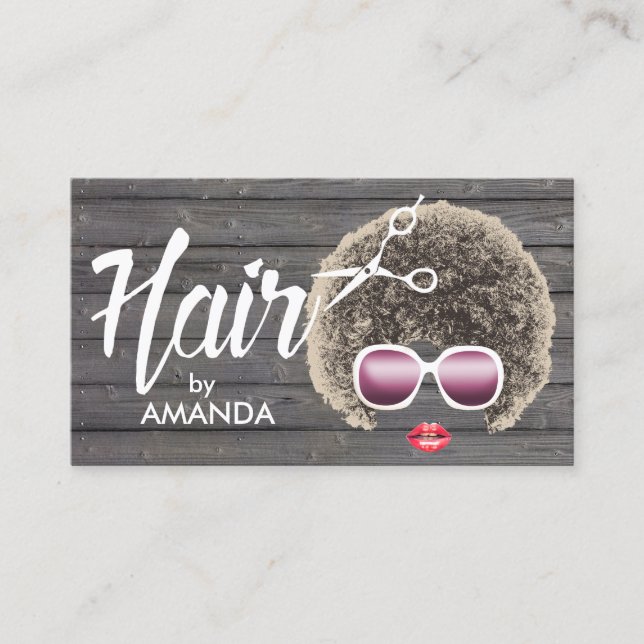 Cartão De Visita Hair Stylist Madeira de cabelo natural afro-americ (Frente)